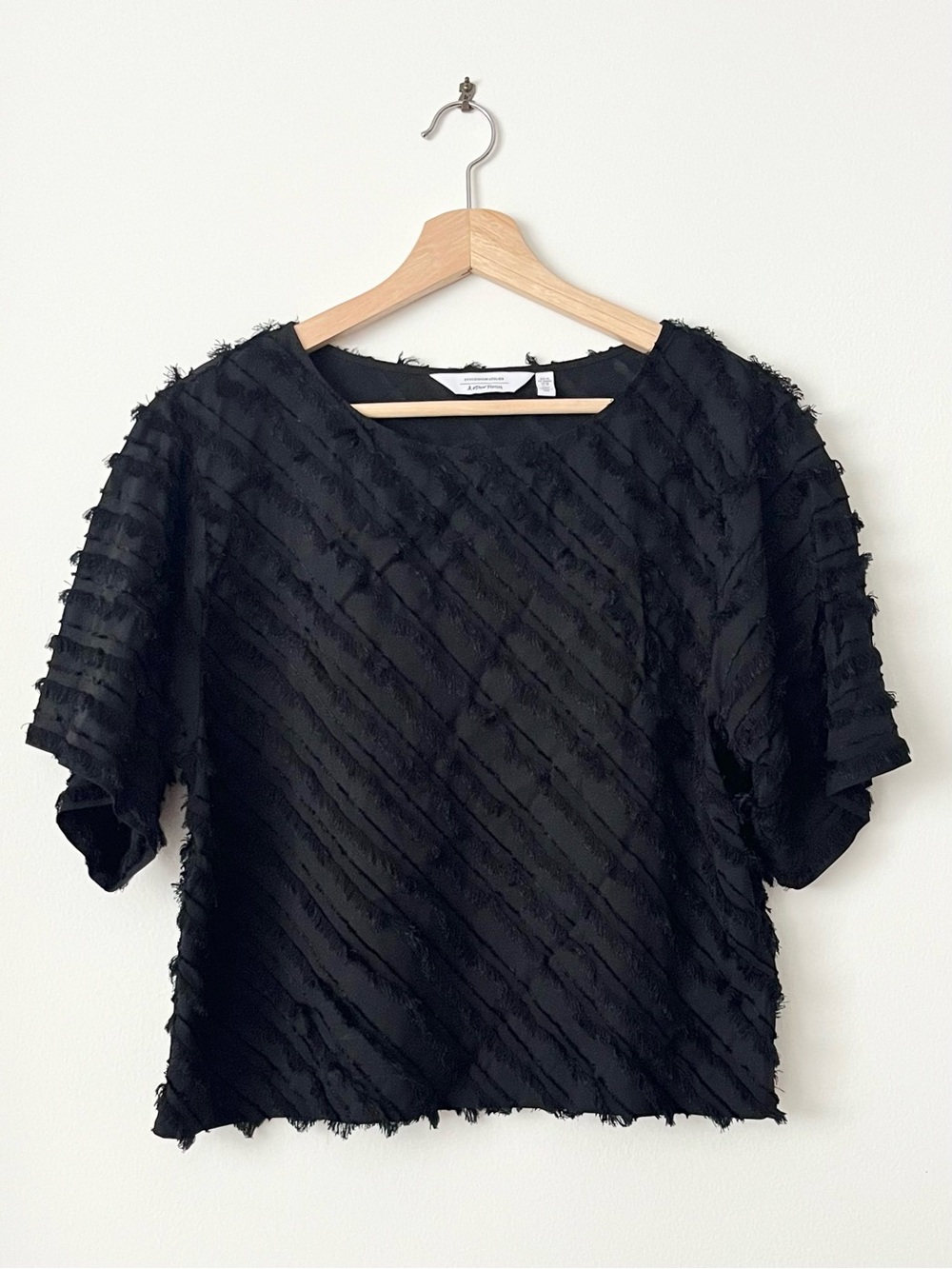 & Other Stories Women's Fringe Top Blouse Black XS Sheer Silk Cropped Boxy Party